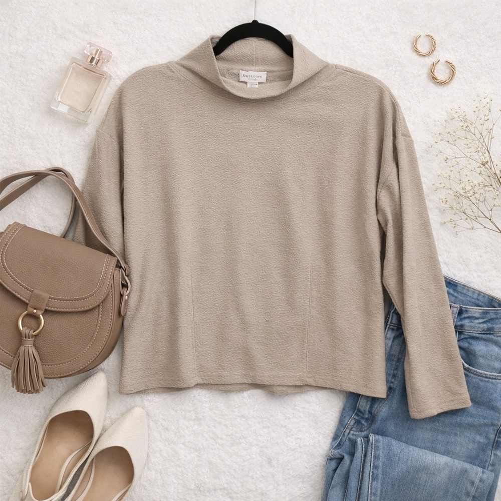 Vintage Express Tricot Mock Neck Top Large | 90s Minimalist Beige Smocked